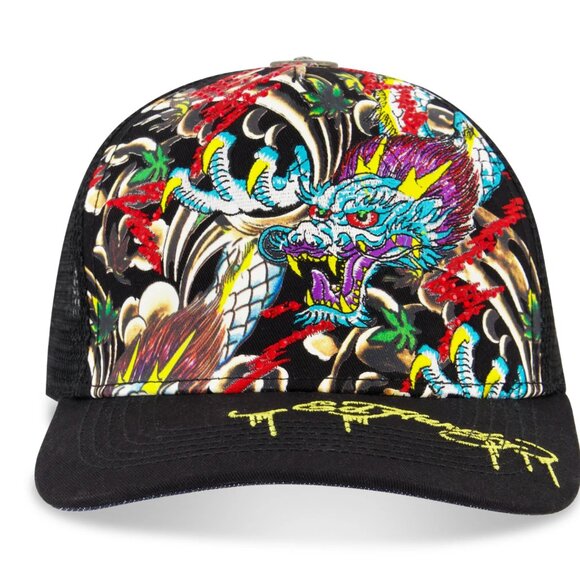 Ed Hardy Rhinestone Dragon Trucker Hat Black / Studs NWT - Picture 1 of 10